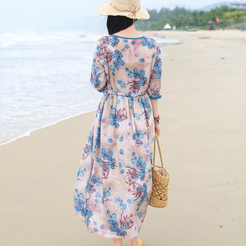 夏季旅行文艺印花气质显瘦v领系带收腰仿苎麻宽松连衣裙天蓝色s[建议