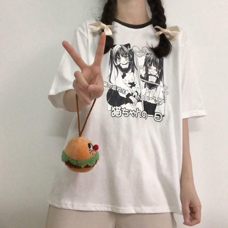 日系可爱黑白色短袖t恤女2021夏季新款学生拼色软妹动漫上衣女潮 白色背 S
