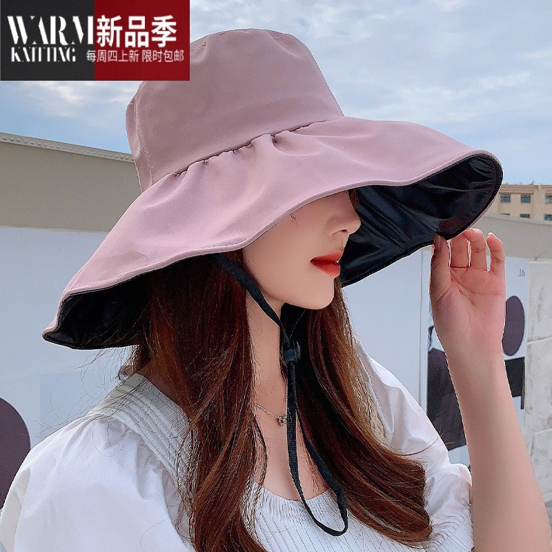 SHANCHAO帽子女款夏空顶遮阳遮脸百搭渔夫帽时尚沙滩太阳帽黑胶可折叠