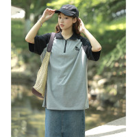 2024夏季女插肩袖左胸小狗图案短袖polo衫T恤学院风减龄_783 S 黑色