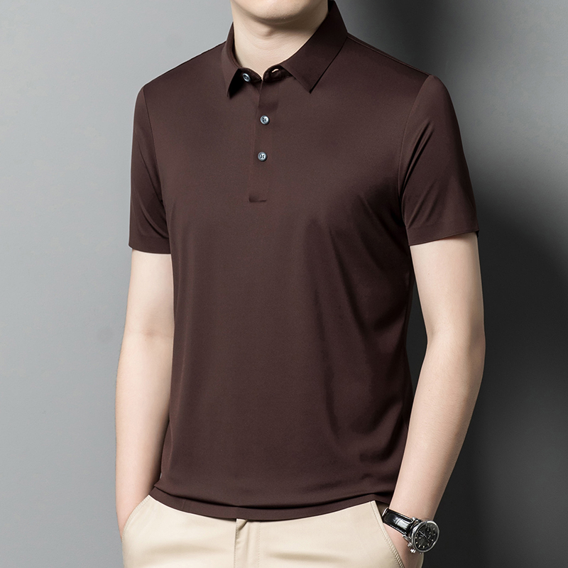 夏季商务休闲男士翻领冰丝短袖t恤中年男装纯色桑蚕丝半袖polo衫 180/XL 咖啡