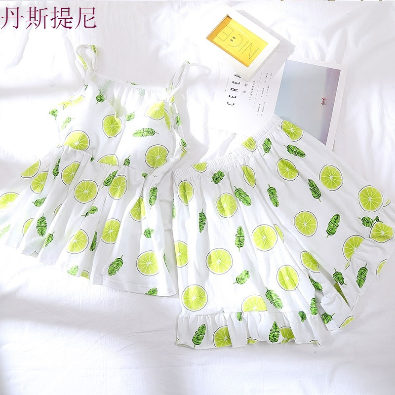 睡衣女夏纯棉带短裤套装韩版清新甜美可爱宽松学生家居服带胸垫