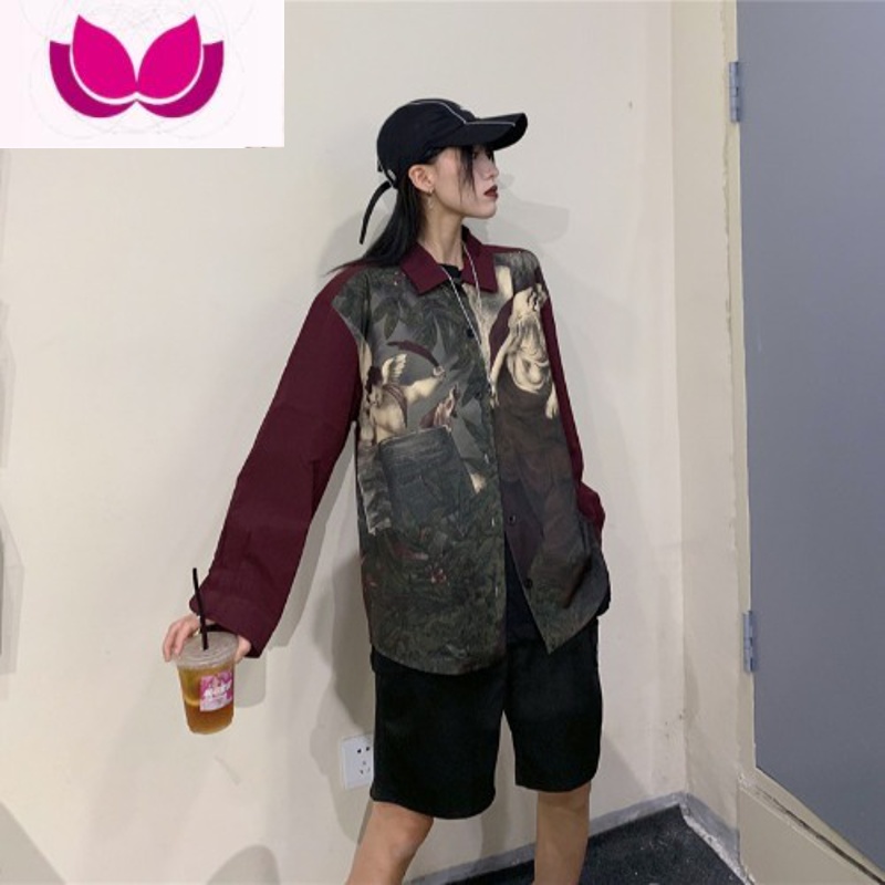 七斓Mapogo 韩国原宿风复古天使印花酒红拼色长袖休闲衬衫学生潮男女