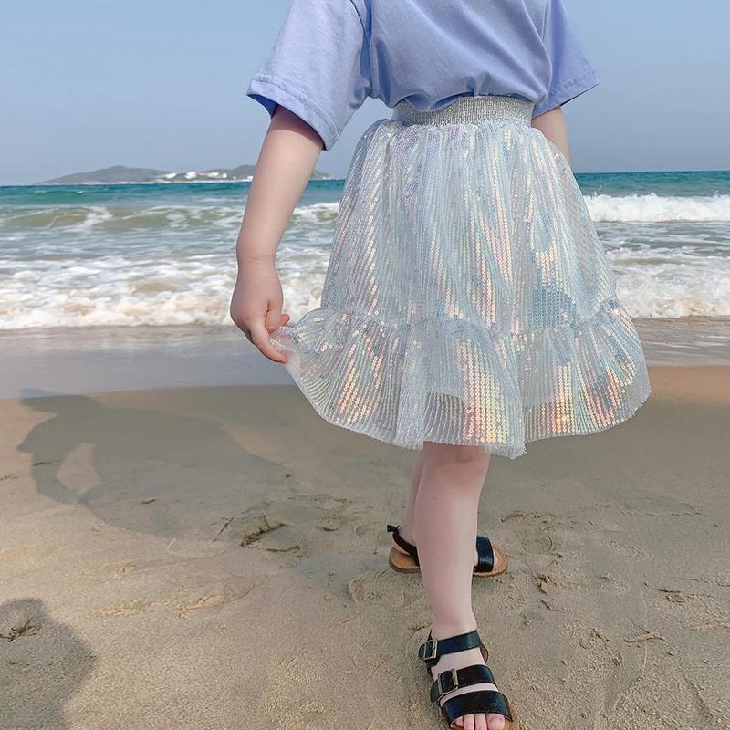 女宝夏装洋气半身裙女童韩版裙子 新款珠片亮闪中小小女童裙子潮 粉色 90