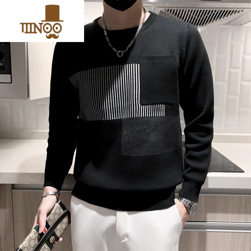YANXU圆领毛衣男士长袖韩版潮牌休闲轻熟风保暖套头针织衫上衣男 黑色 XL