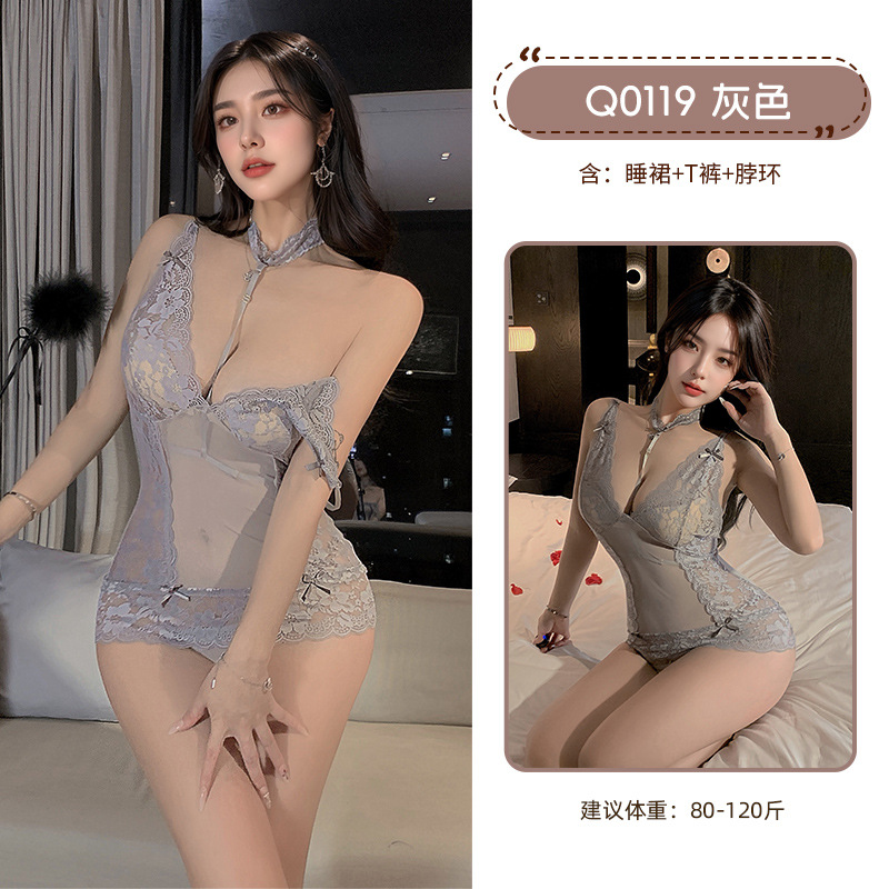 九里晴川性感风吊带挂脖深V透肤镂空大露背交叉设计网纱透视显瘦_685高清大图