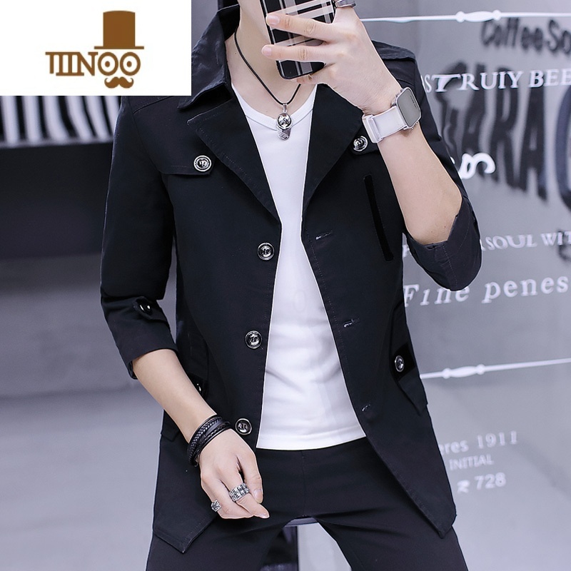 YANXU秋季帆布男士外套风衣痞帅中长款潮流西装领成熟稳重休闲夹克高清大图