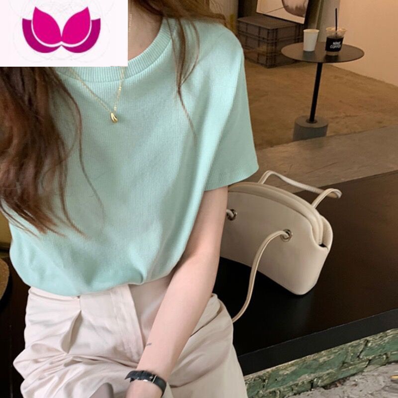七斓螺纹针织正肩短袖t恤女夏季2023纯色内搭别致显瘦上衣白色打底衫高清大图