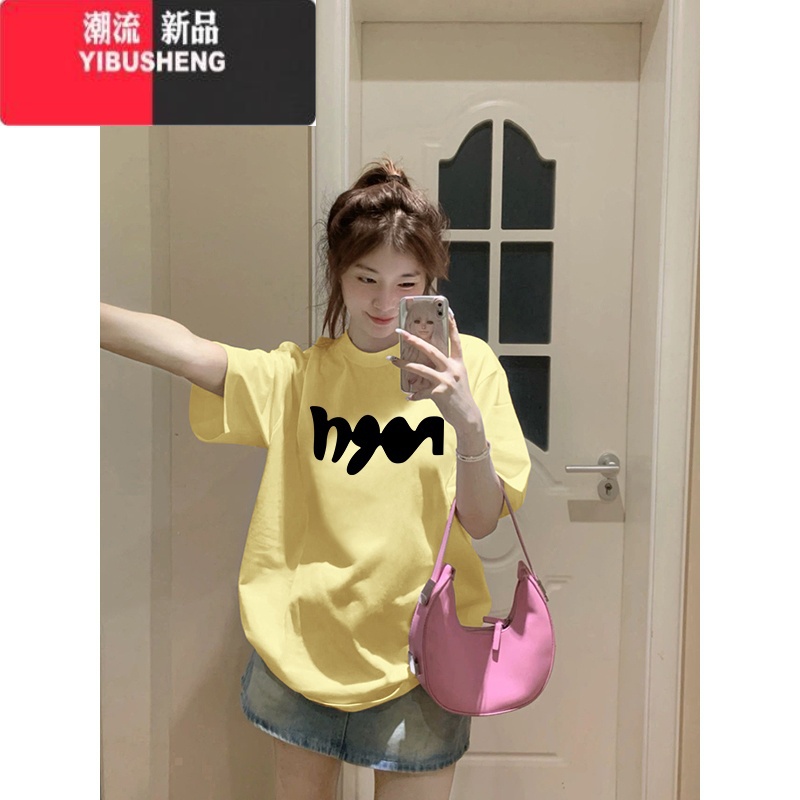 YIBUSHENG美式潮牌小个子正肩短袖T恤女2024年季新款嫩黄色体恤上袖高清大图