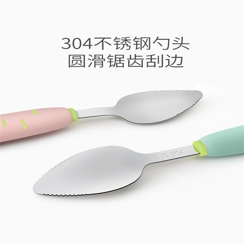 运智贝刮果泥勺不锈钢宝宝水果泥挖勺儿童餐具刮苹果泥辅食勺_小兔款刮果泥勺绿