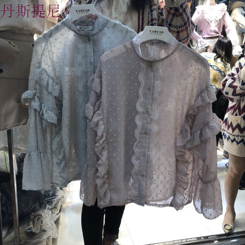特惠韩国ulzzang荷叶边波点长袖衬衫女春装休闲气质学生衬衣上衣