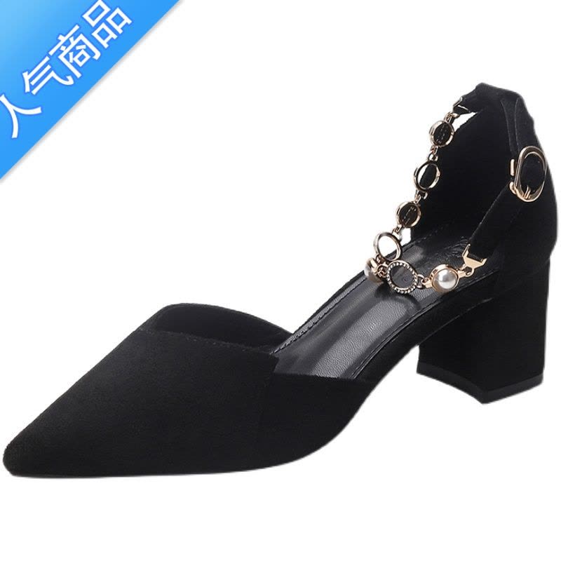 SUNTEK粗跟小码313233中跟包头凉鞋女夏季一字带黑色高跟鞋女珍珠单鞋图片