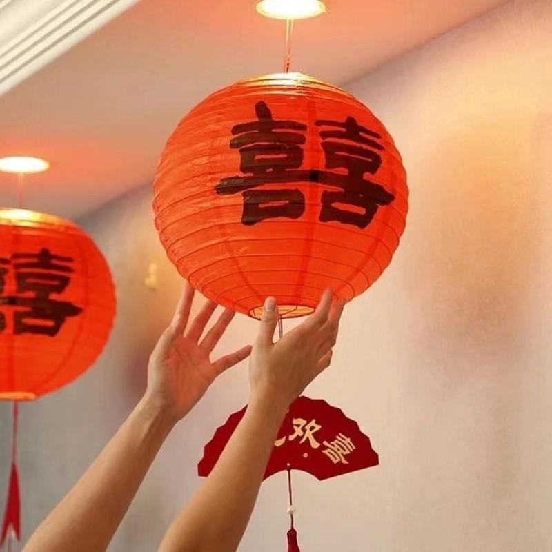 婚礼红色中式灯笼挂饰喜字结婚婚房拍照布置道具挂件装饰圆形- - 福字- - 12寸- - 1个高清大图