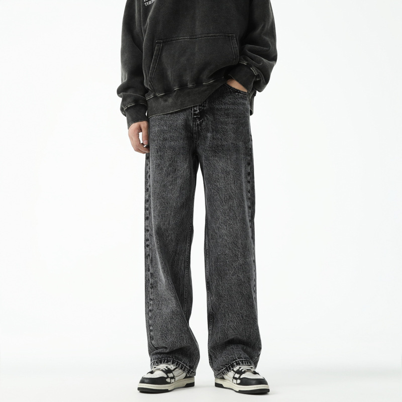 黑灰色牛仔裤阔腿宽松潮牌美式高级感直筒休闲长裤有加绒高清大图