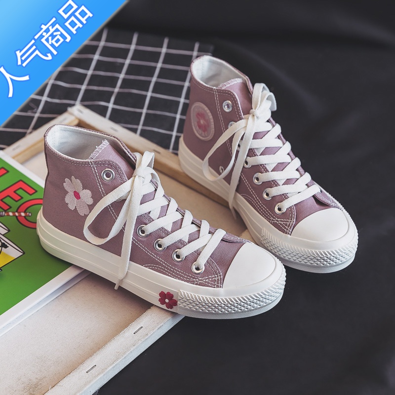 SUNTEK香港ZP高帮帆布鞋花朵女鞋秋季新款百搭平底单鞋日系小白鞋高清大图
