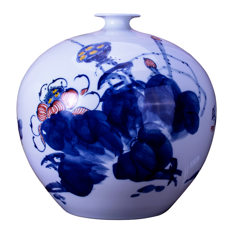 艺锦蓝 国产景德镇陶瓷器手绘石榴花瓶插花现代陶瓷器