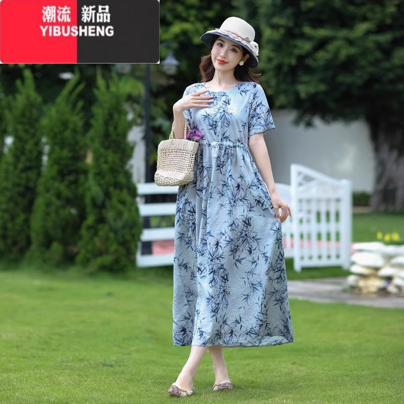YIBUSHENG复古文艺碎花棉麻连衣裙女季宽松显瘦抽绳收腰时尚休闲长裙 竹叶花短袖 XL建议130-145斤