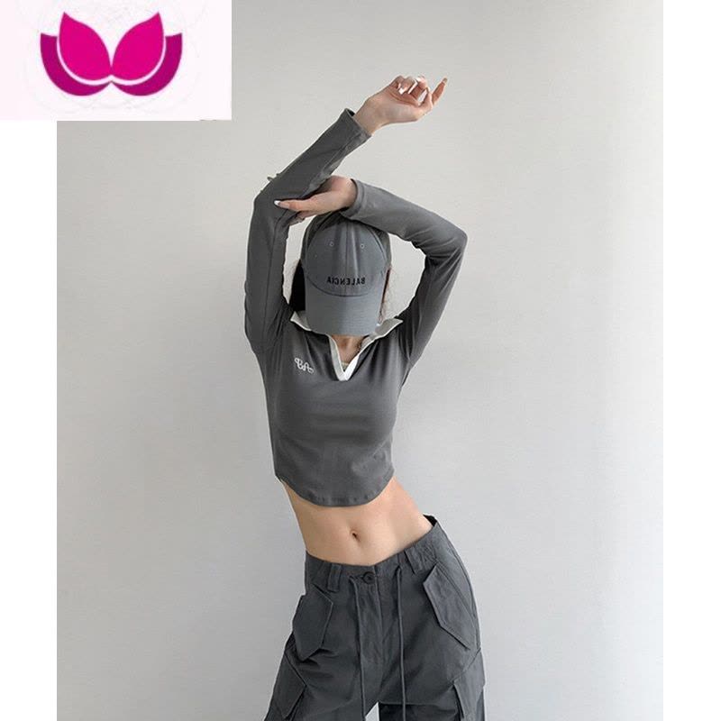 七斓冬纯欲风性感长袖翻领紧身露脐polo打底短款上衣女设计感T恤图片