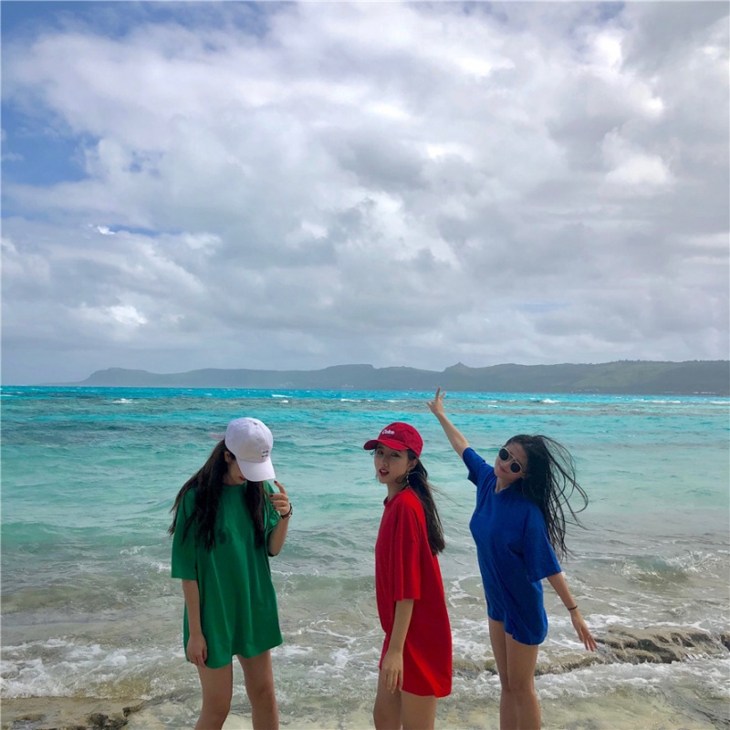 夏韩版纯棉糖果多色男宽松短袖女中长T恤裙情侣装旅游度假