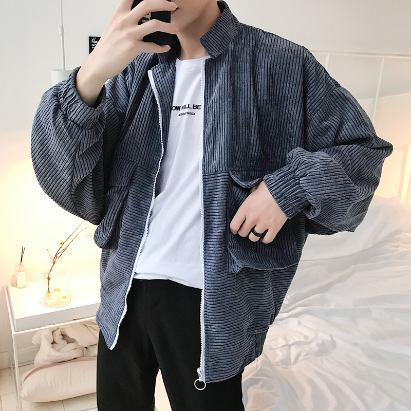 18春装韩版宽松做旧灯芯绒齿轮拉链立领飞行夹克口袋机车服短外套