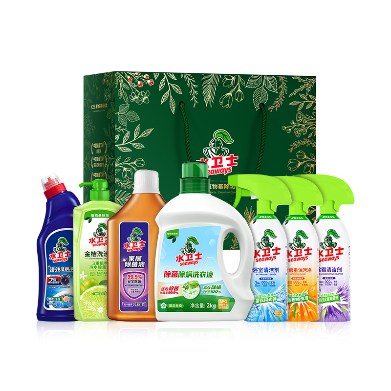 水卫士 浴室清洁剂+强效洁厕净+金桔洗洁精+除霉清洁剂+厨房重油污净+除菌液+洗衣液2kg 洁净7件套
