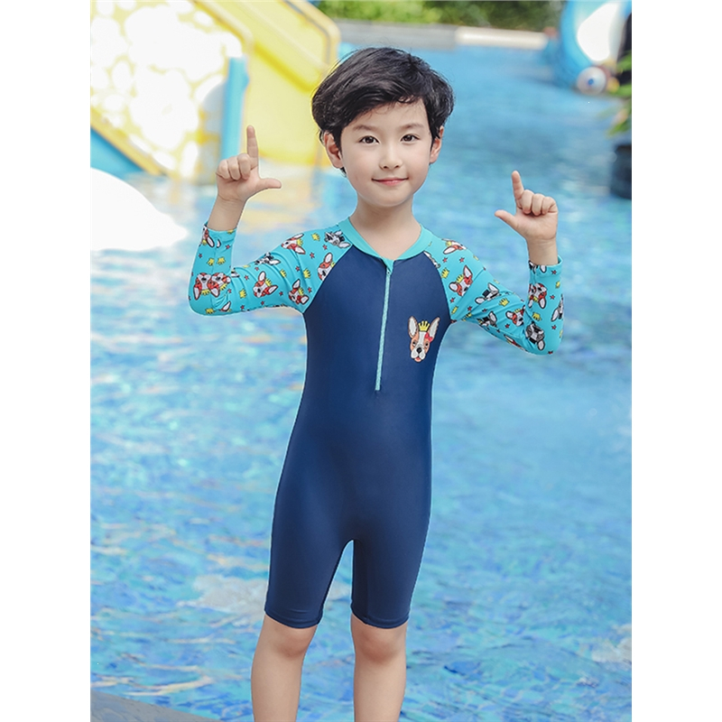 儿童泳衣闪电客男童女童宝宝连体游泳衣小童中大童分体长短袖温泉泳衣