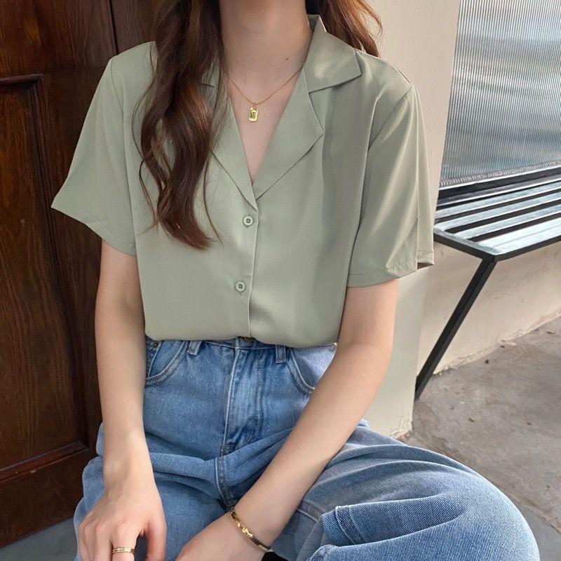 2021新款夏季百搭ins西装领宽松学院风淡绿色短袖衬衫外穿上衣女