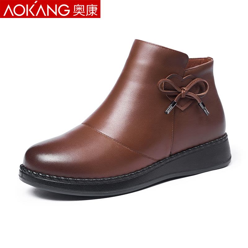 奥康棉鞋女冬季加绒保暖短靴女高帮中老年妈妈棉皮鞋图片