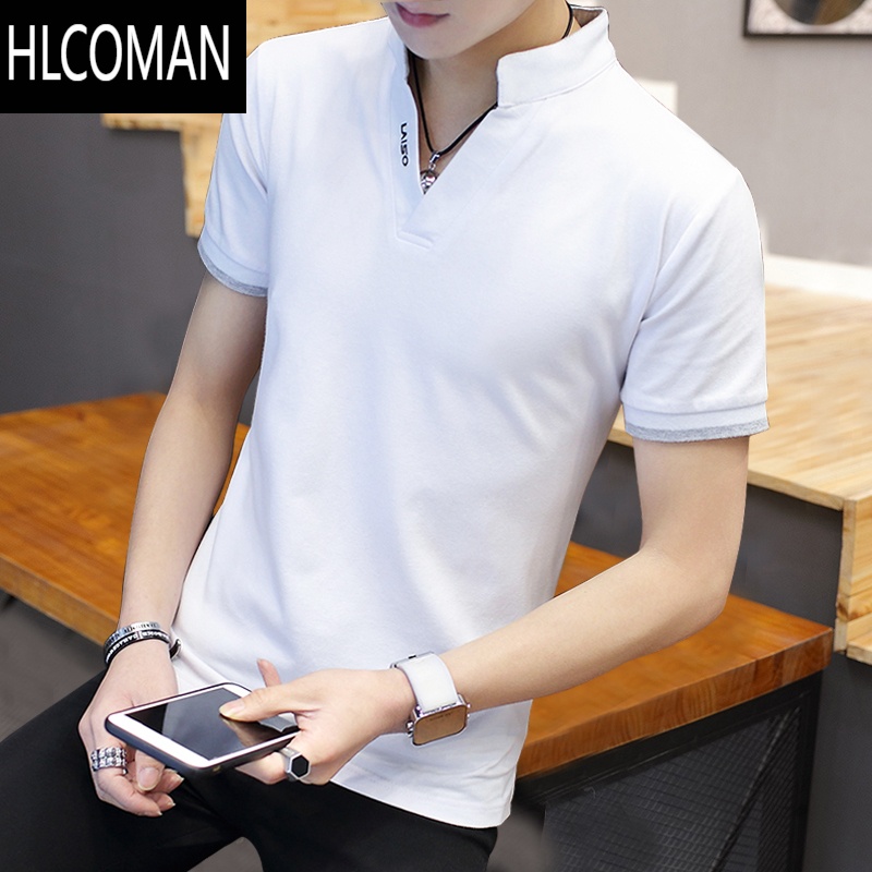 HLCOMAN男士短袖t恤V领夏装网眼2025潮流Polo衫冰感帅气立领薄款体恤高清大图