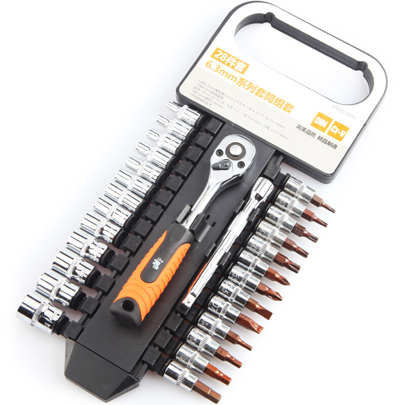 【苏宁自营】工具家28件6.3mm系列 AS002-028G汽修套筒系列组套 快速棘轮扳手套装 汽修工具高清大图