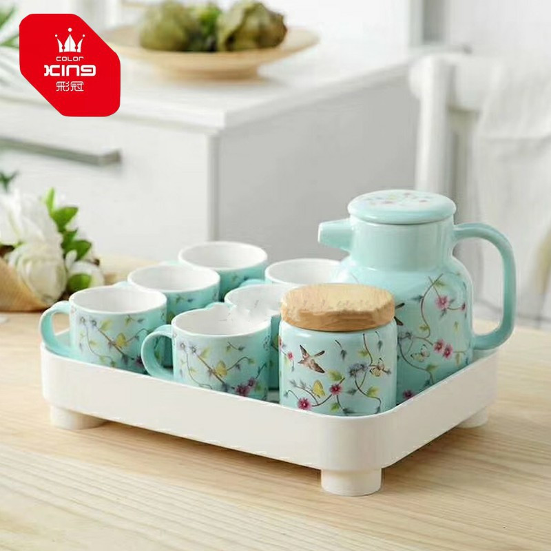 彩冠 3456-9S水具茶具简约花鸟陶瓷水杯茶杯套装家用凉水壶冷水壶杯子杯具