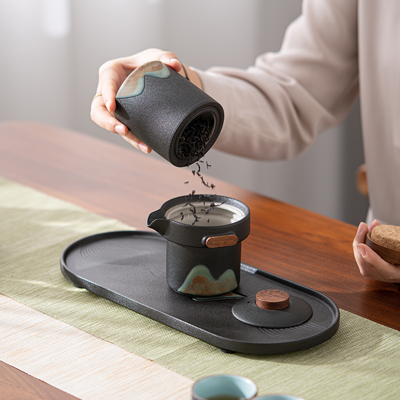 苏氏陶瓷(SUSHI CERAMICS)手绘釉画彩千里江山四色杯清风壶套装干泡盘禅黑文创伴手礼套组