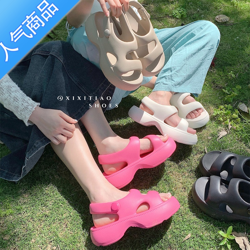 SUNTEK 踩屎感软厚底松糕凉鞋女夏季外穿网红罗马运动沙滩休闲鞋