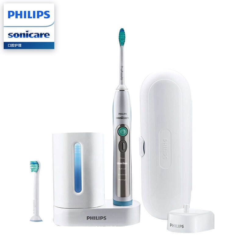 飞利浦(PHILIPS) 电动牙刷 充电式成人声波震动牙刷 带紫外线消毒器+牙刷旅行盒 5种刷牙模