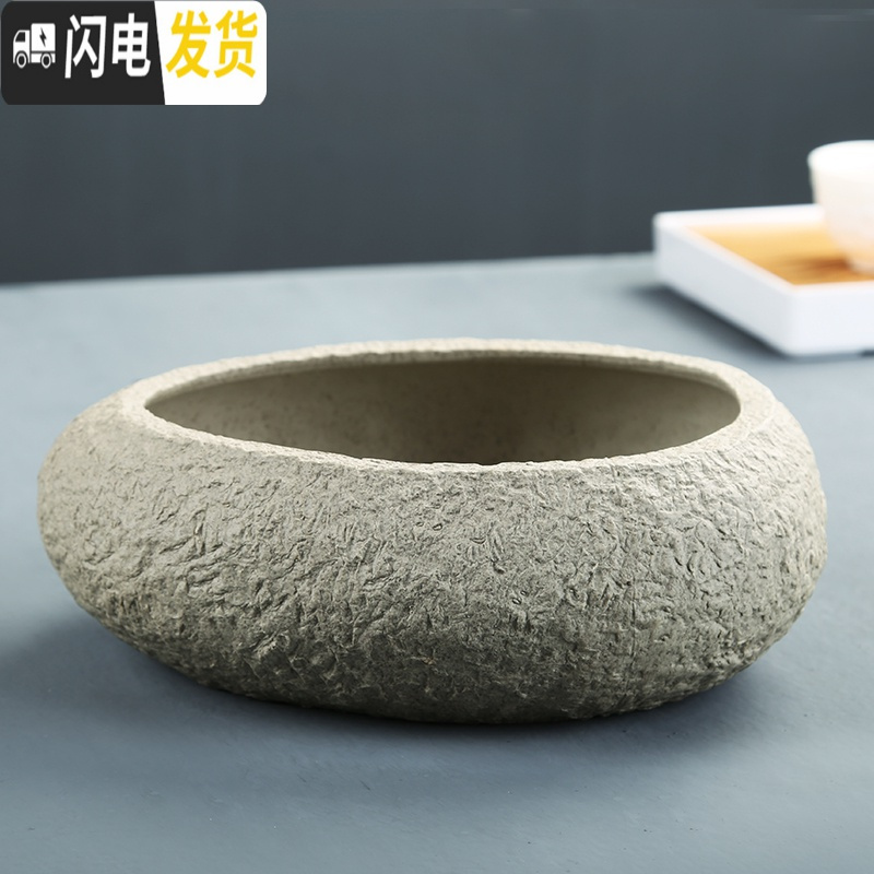 三维工匠水仙花铜钱水培花盆水养的仿石头盆景碗莲睡莲个性创意陶瓷无孔 深灰色F-石-3 中等花盆容器高清大图