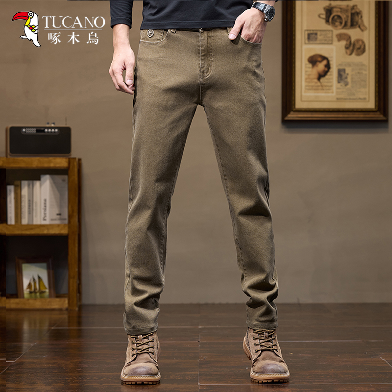 啄木鸟男士黄色牛仔裤春秋款直筒修身弹力宽松2025新款休闲裤子裤高清大图