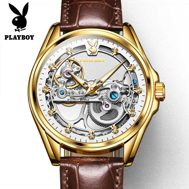 花花公子playboy手表男士新款正品镂空全自动机械表男真皮时表带时尚