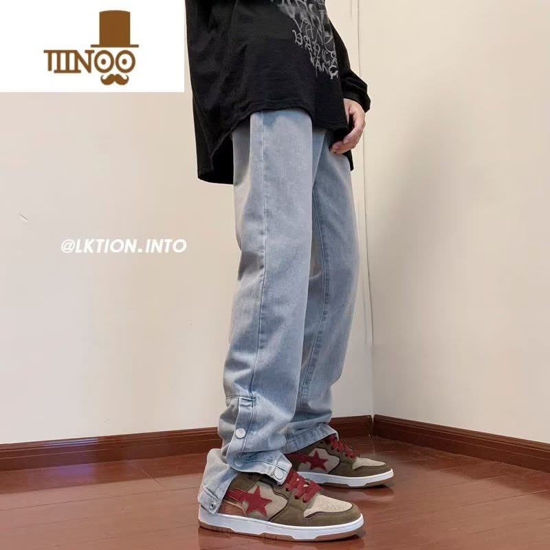 YANXU黑色排扣牛仔裤男美式vibe街头直筒休闲裤高街ins潮牌开叉长裤子图片