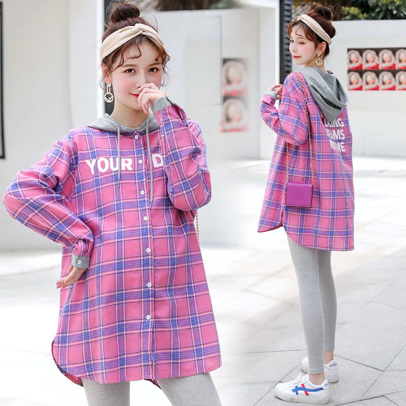 迪鲁奥(DILUAO)孕妇装秋装棉质长袖衬衣格子外穿秋装新款中长款连帽上衣外套怀孕期图片