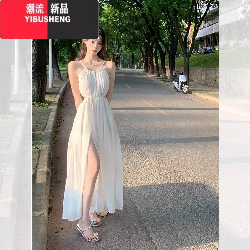 YIBUSHENG法式温柔风白色挂脖连衣裙女季小个子开叉收腰仙气无袖小白裙子