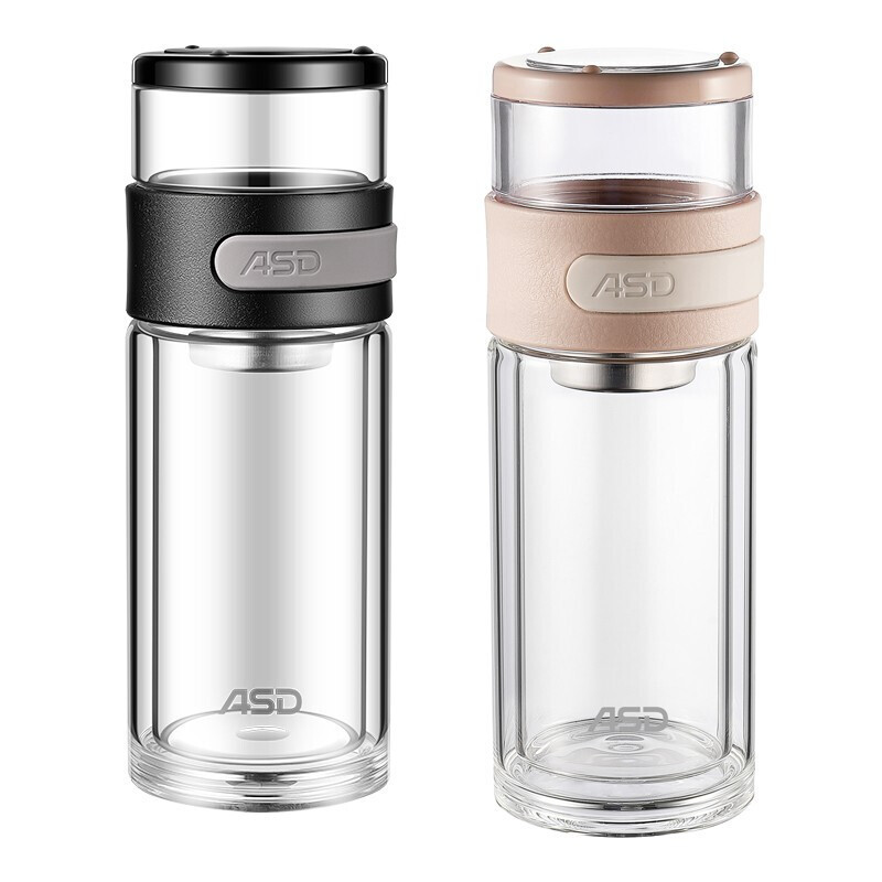 爱仕达玻璃杯双层茶水分离泡茶杯带盖男