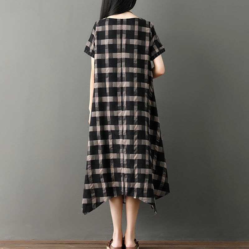迪鲁奥(DILUAO)2021夏装新款时尚短袖棉麻格纹中长连衣裙韩版显瘦宽松大码孕妇裙 黑色图片
