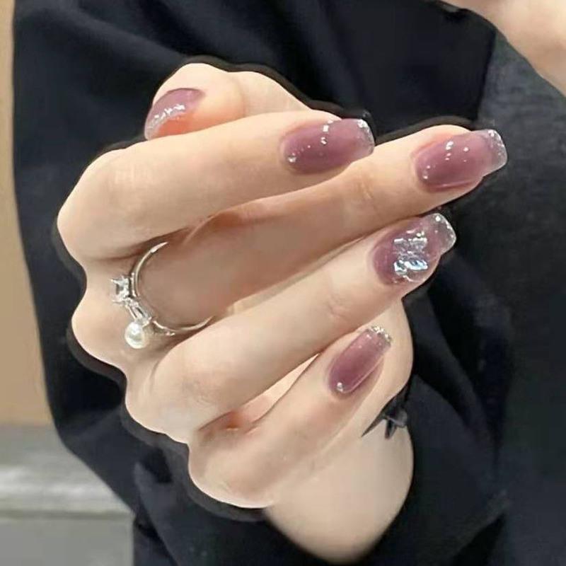 贴片假指甲贴片冰透显白美甲成品穿戴甲片黛瑞森显白冰透紫蝴蝶小号