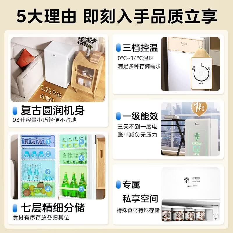 [自营]美的(Midea)93升单门小冰箱[新国标1级]小型宿舍家用一级迷你母婴美妆复冰箱MC-93MF高清大图
