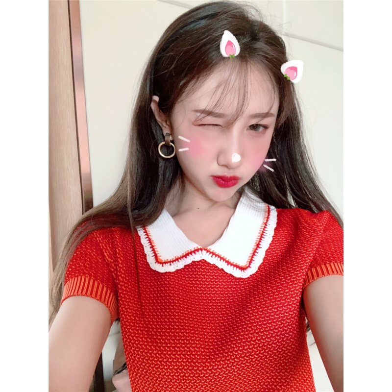 甜美少女连衣裙复古小香风气质撞色娃娃领冰丝针织裙子修身包臀裙 红色polo领针织裙 均码