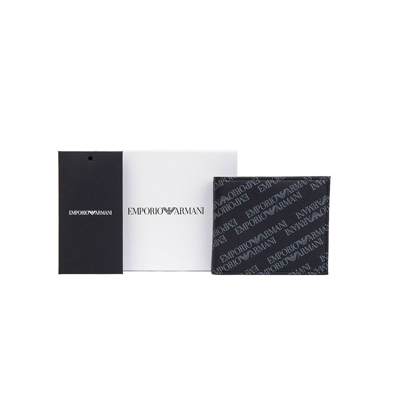 EMPORIO ARMANI 阿玛尼 男士黑色PVC带字母印花图案短款对折钱包