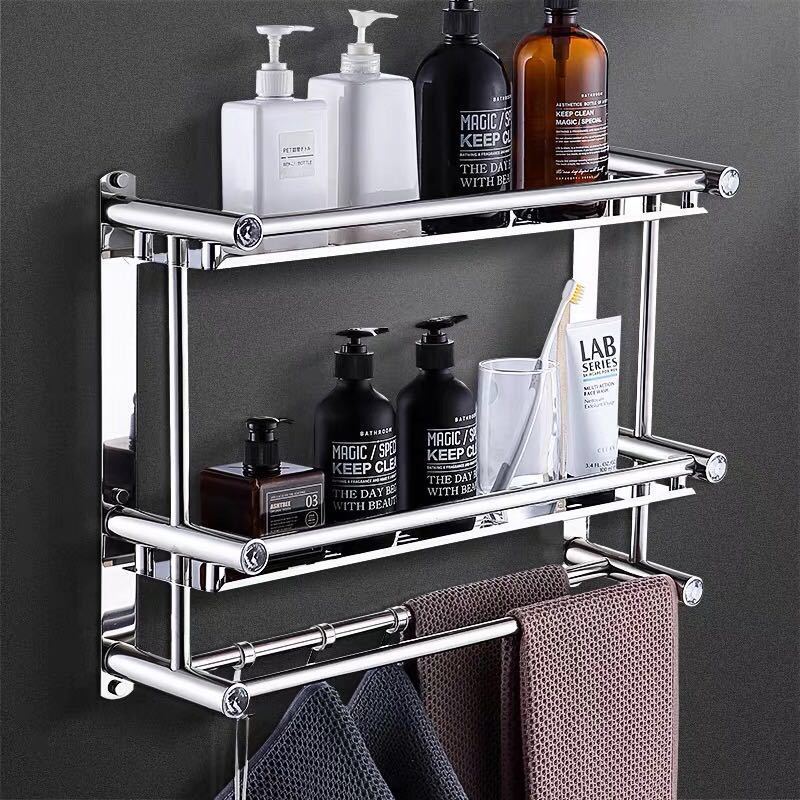 免打孔毛巾架浴室置物架双层不锈钢浴巾架加厚卫生间五金挂件