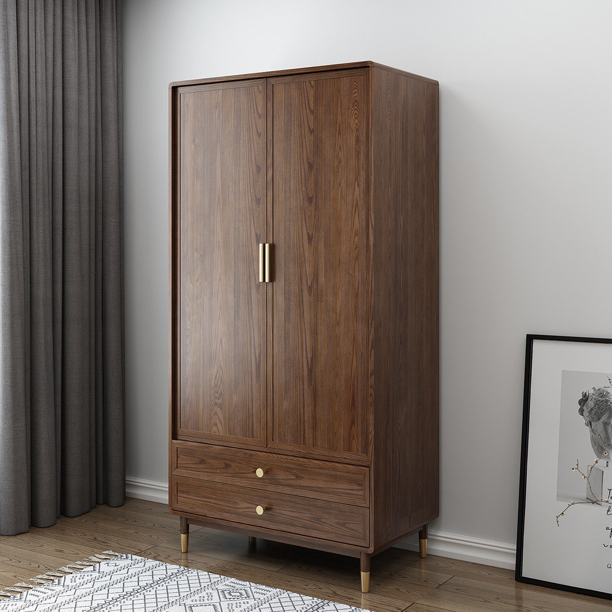 采百木(caibaimu)新中式实木衣柜推拉门胡桃木两门推拉北欧轻奢经济型