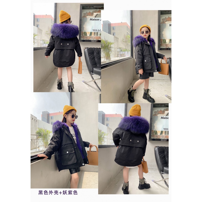 举翼王子男女中小儿童獭兔皮毛一体内胆派克服毛毛皮草外套中长款宝宝 黑色外壳+妖紫色 130