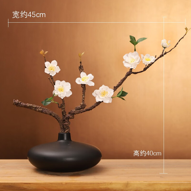 小窝厘 仿真花禅意摆件桌面假花装饰 黑花瓶+白色山茶花套装高清大图